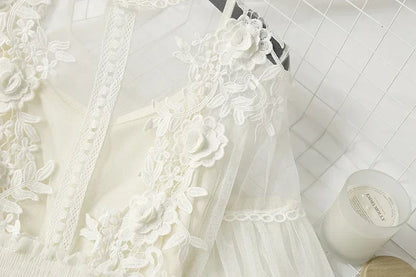 Lace Flower Mesh Summer Dress Women Lantern Sleeve White Casual Dresses Female Party Vintage Slim Women Dress 2 Piece Sets 12041