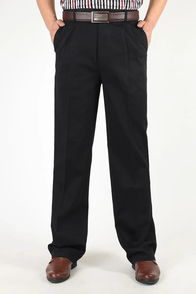 Double Pleated Straight Loose Casual Pants Men Classic Black Trousers High Waist Thick Autumn Cotton  Office Suit Pants 42 44 46