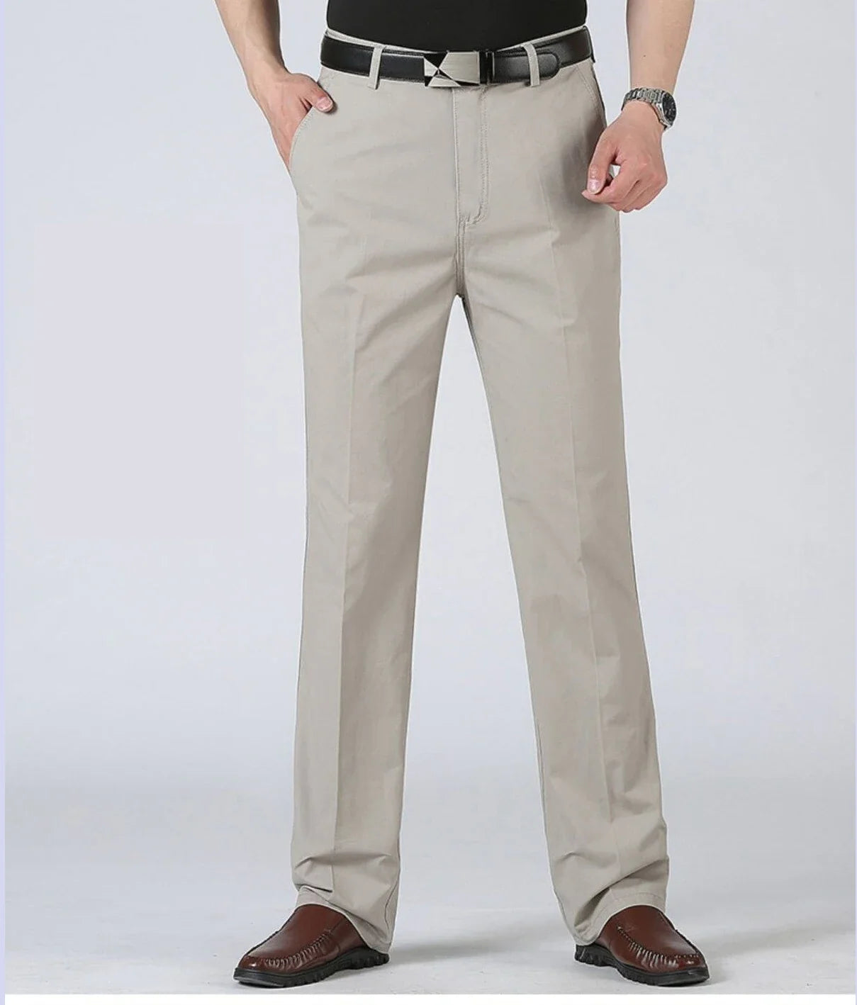 Spring Summer Mens Suit Pants Pure Cotton Business Casual Loose Straight Trousers Khaki Beige Black Formal Dress Pants