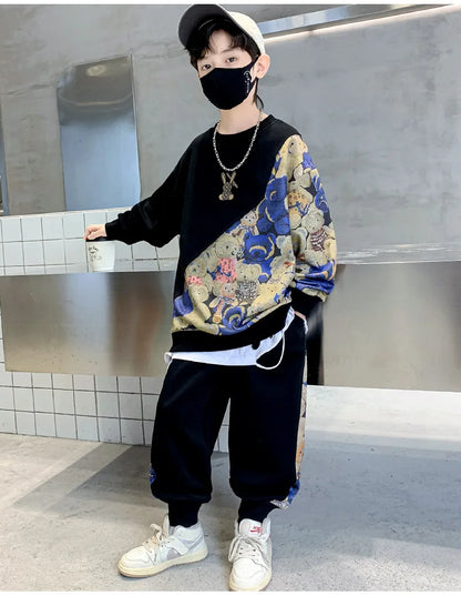 Boys Cotton Cartoon Print Patchwork Workout Sweatshirt+Sweatpant Sets Children 2PCS Tracksuit School Kids Jogging Outfits 5-16Yr