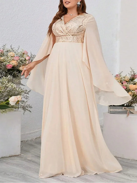 Plus Size V Neck  Sequin Loose Long Dress 5XL6XL Big Size Ruffled Black Chiffon Short Sleeve Summer Dress Women