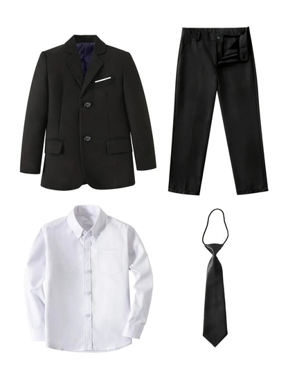 4pcs Boys' Suit Set Jacket Shirt Pants Tie Suitable for Banquets Weddings Graduation Ceremonies Black Sizes for 6Y-16Y Children