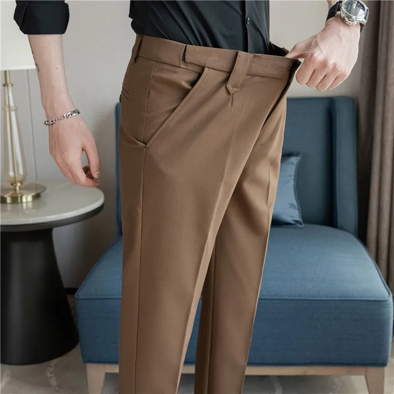 Elastic Waist Solid Color Suit Pants Men Formal Slim Fit Business Casual Trouser High Quality Social Wedding Fashion Dress Pant