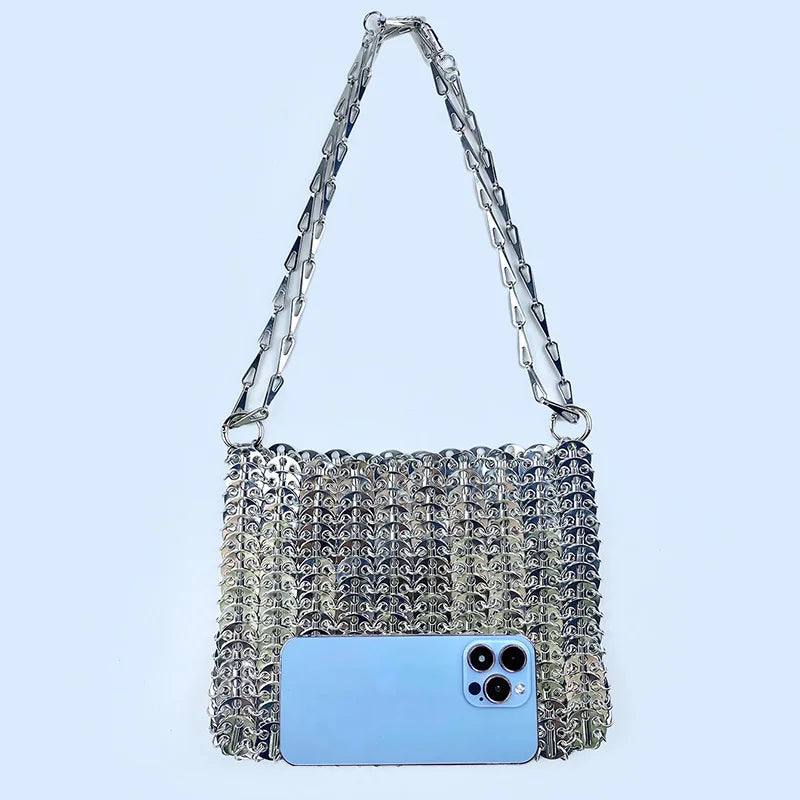 2024 Hot selling metal sequin high-capacity mobile phone cross-body chain bag handmade bag for women's fashion trend
