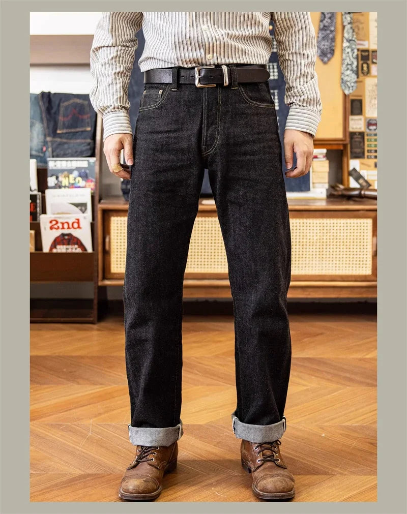 Black Jeans Straight Fit 14.5oz Selvedge Denim Pants Rinsed