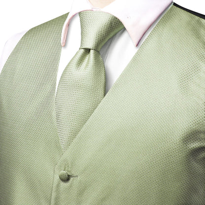 Silk Mens Suit Vests 4PC Woven Sage Green Solid Waistcoat Tie Pocket Square Cufflinks Business Wedding Dress Waist Jacket