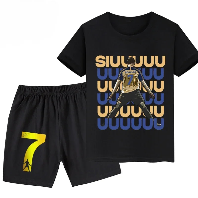 Summer Ronaldo Printed Children's Set Short-sleeved Shorts Suit Sports Kid T-shirt 2-piece Set Street Fashion Boys Baby Clothing