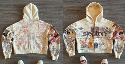 Sweatshirt Jacket Zipper Hoodie Apricot Print Letters Cartoon Fashion Multifunctional Retro Y2K High Street Men's and Women's