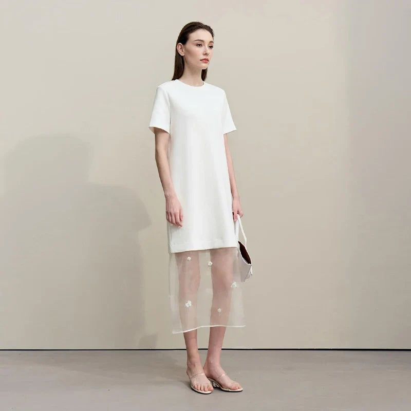 Long Dresses 2026 Autumn New Round Neck Short Sleeve Patchwork Women's Dress Removable Organza Elegant Dress Women 12651024
