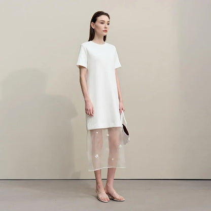 Long Dresses 2026 Autumn New Round Neck Short Sleeve Patchwork Women's Dress Removable Organza Elegant Dress Women 12651024