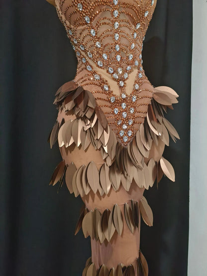 Sexy Sparkly Diamonds Leaf Strapless Mesh See Through Long Dress Birthday Evening Celebrate Party Nightclub Bar Show Stage Wear