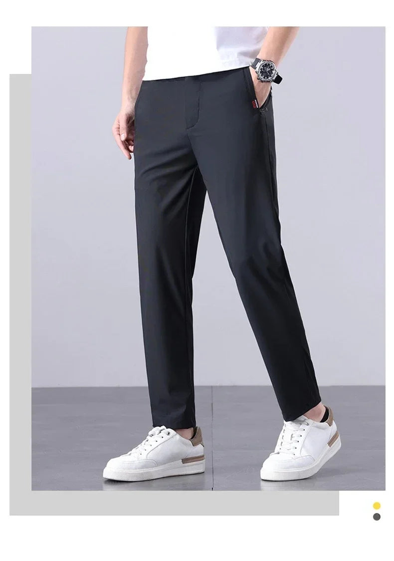 Korean Y2K Summer New Men's Ice Silk Pants All Match Elastic Sweatpants Office Business Casual Fashion Straight Suit Trousers