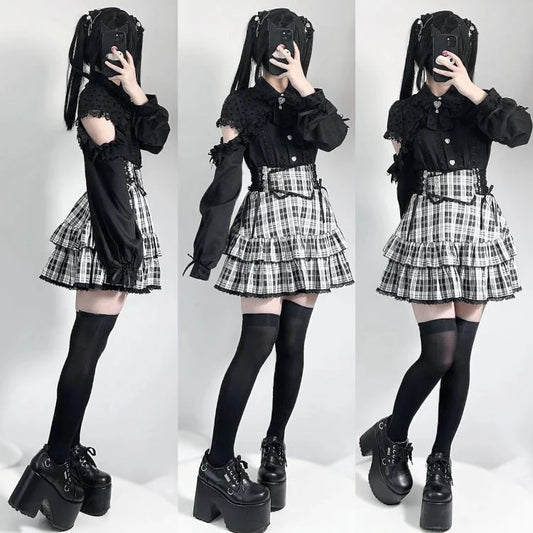 Japanese Harajuku Mini Skirt Punk College Style Plaid Cake Subculture Y2k Skirt Girl Summer High Waist Sweet Mini Skirt
