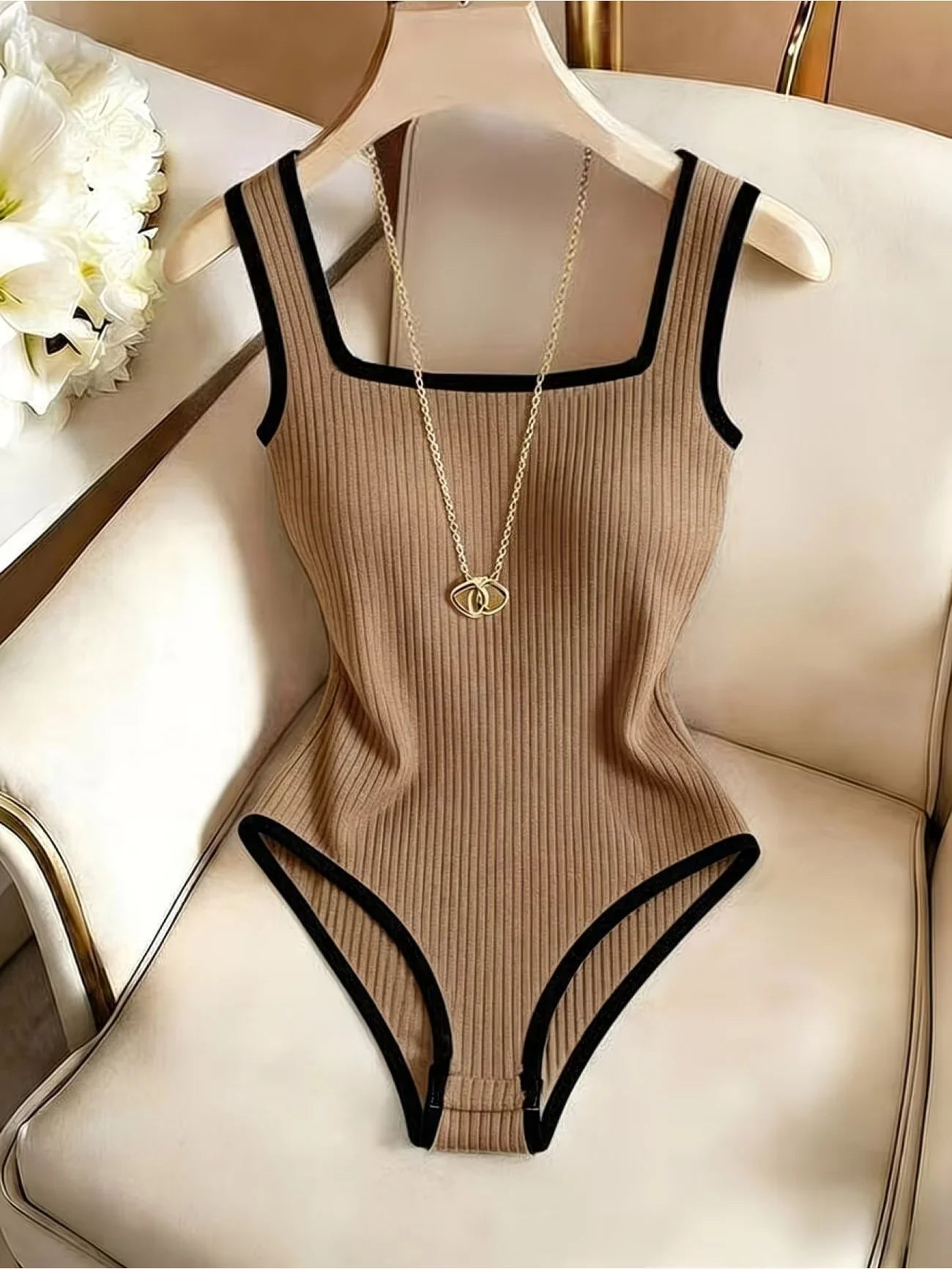 3pcs Women's Ribbed Bodysuit Set Fashionable Black Piped Square Neck Waist-Cinching Style Summer Nightlife Wear Elegant Beach Ou
