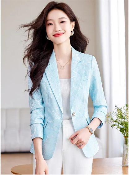 Women Blazer Office Lady 2024 Elegant Slim Notched Women Blazers Jackets Button Long Sleeve Decorative Pattern Female Suit Coat