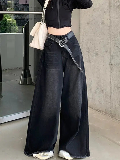 Elegant Chic American Vintage Black Wide Leg Jeans Women High Waist Loose Fit Slimming Draping Raw Hem Floor Length Denim