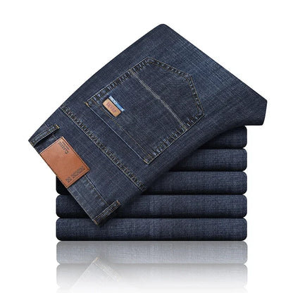 New Ice Silk Thin Denim Jeans for Men Blue Straight Stretch Cotton Denim Pant Business Casual Lightweight Trousers Spring Summer