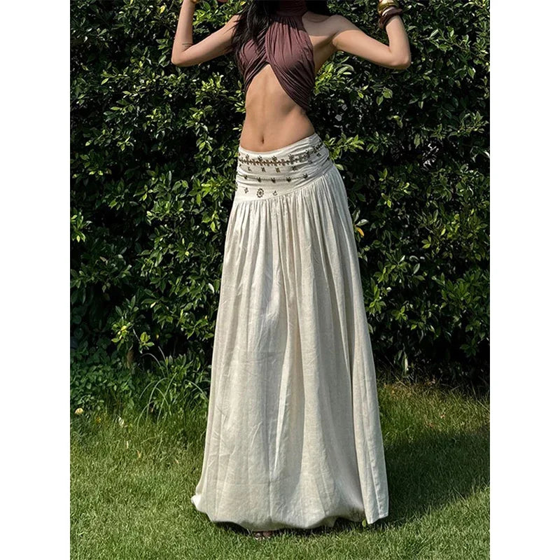Vintage Beading Midi Skirt Women Vacation Beach Low Waist Skirts Summer Ladies Streetwear Korean Casual Design A Line Faldas New