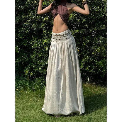 Vintage Beading Midi Skirt Women Vacation Beach Low Waist Skirts Summer Ladies Streetwear Korean Casual Design A Line Faldas New