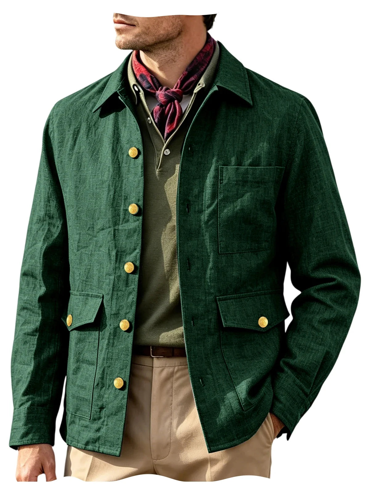 Vintage Men's Linen Jacket Lapel Collar Gold Button Casual Slim Fit Coat Lightweight Breathable for Formal Daily Office Wear