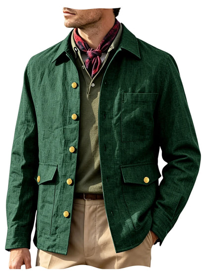 Vintage Men's Linen Jacket Lapel Collar Gold Button Casual Slim Fit Coat Lightweight Breathable for Formal Daily Office Wear