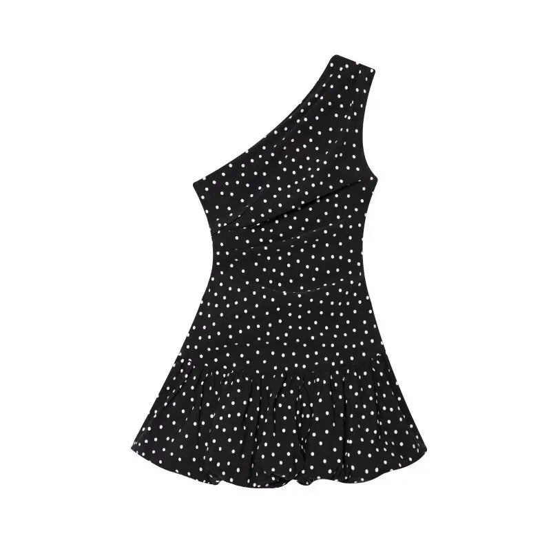 Women One Shoulder Sleeveless Polka Dot Mini Dress Ruched Waist Ruffle Hem Elegant Casual Party Short Dress Spring Summer