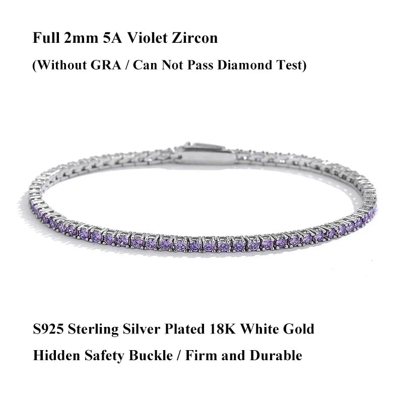Full 2mm Violet Pink Blue White 5A Zircon Tennis Bracelet for Woman S925 Silver High Carbon All Colored Gemstone Bracelets
