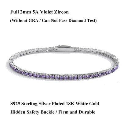 Full 2mm Violet Pink Blue White 5A Zircon Tennis Bracelet for Woman S925 Silver High Carbon All Colored Gemstone Bracelets