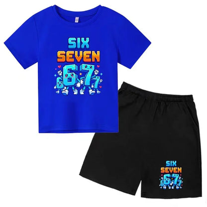 Boys Girls 3-12Y Summer Fashion Outfit 67 Number Cartoon Print T-shirt and Shorts Casual Two-Piece Clothing Set