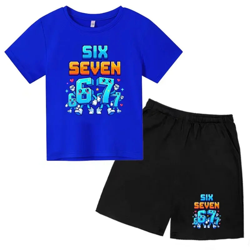 Boys Girls 3-12Y Summer Fashion Outfit 67 Number Cartoon Print T-shirt and Shorts Casual Two-Piece Clothing Set