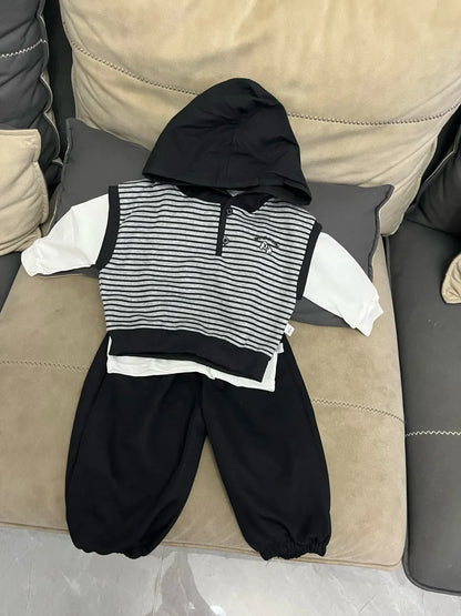 Korean Children's Clothing Set Spring Autumn Kids Casual Infant Outfits New Boys Striped hooded vest + T-shirt + Pants 3Pcs Set