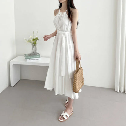 Korean Style Summer Slimming Necktie Waist Cinched Sleeveless Vest Long Dress Women's Fashionable Commute Style Inner Wear