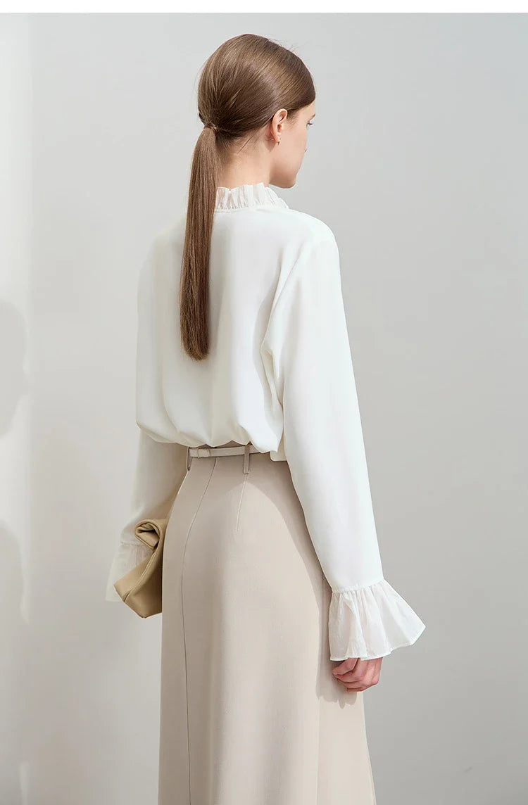 Minimalist Chiffon Shirt For Women 2025 Autumn New Office Lady V-neck Ruffle Splicing Loose Long Sleeved Blouse 12511078