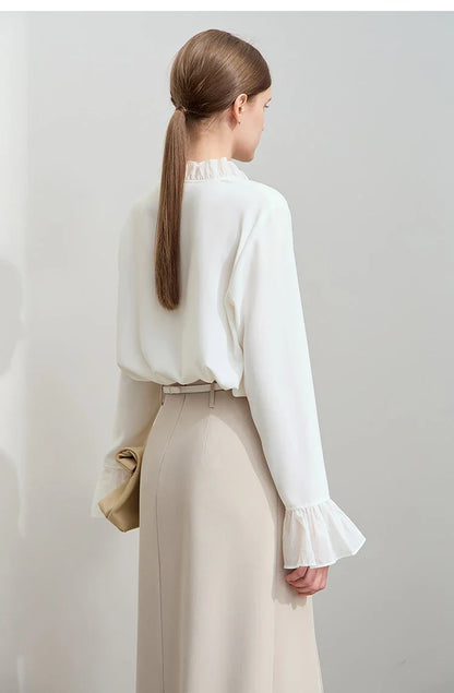 Minimalist Chiffon Shirt For Women 2025 Autumn New Office Lady V-neck Ruffle Splicing Loose Long Sleeved Blouse 12511078