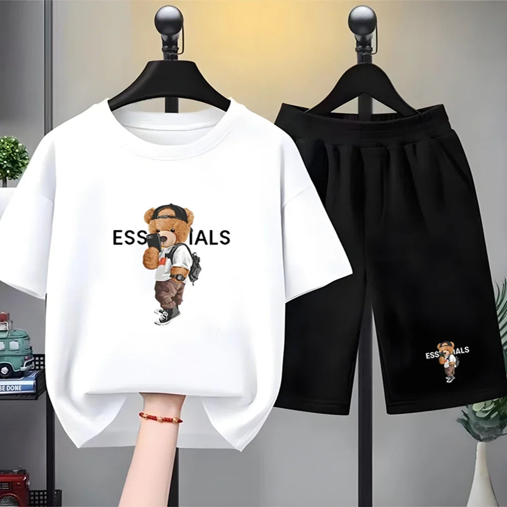 Kids Brand Little Bear Round Neck T-shirt+Shorts Set Clothing Fashion Boy Girl 3-12Yrs Sports Short-Sleeved Casual Set Summer