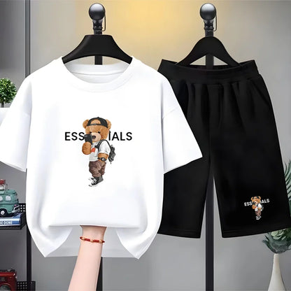 Kids Brand Little Bear Round Neck T-shirt+Shorts Set Clothing Fashion Boy Girl 3-12Yrs Sports Short-Sleeved Casual Set Summer