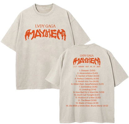 Vintage Washed Lady Gaga The Mayhem Ball Tour 2025 T Shirt Fashion Men/Women Aesthetic High Quality Acid Wash 100% Cotton Tees