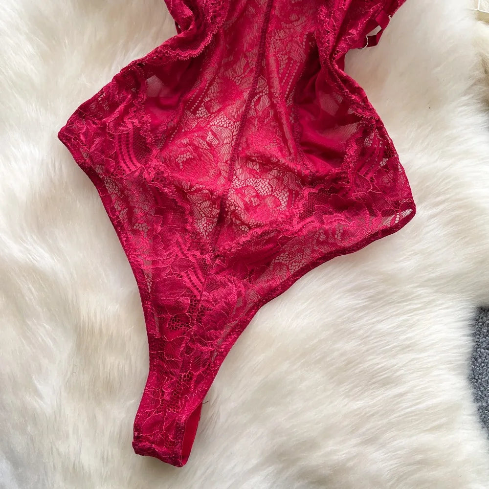 Sexy Lace Push Up Bodysuit See Through Mesh Patchwork Sleeveless Slim Thin One Pieces Elegant Women's Strappy Lingerie