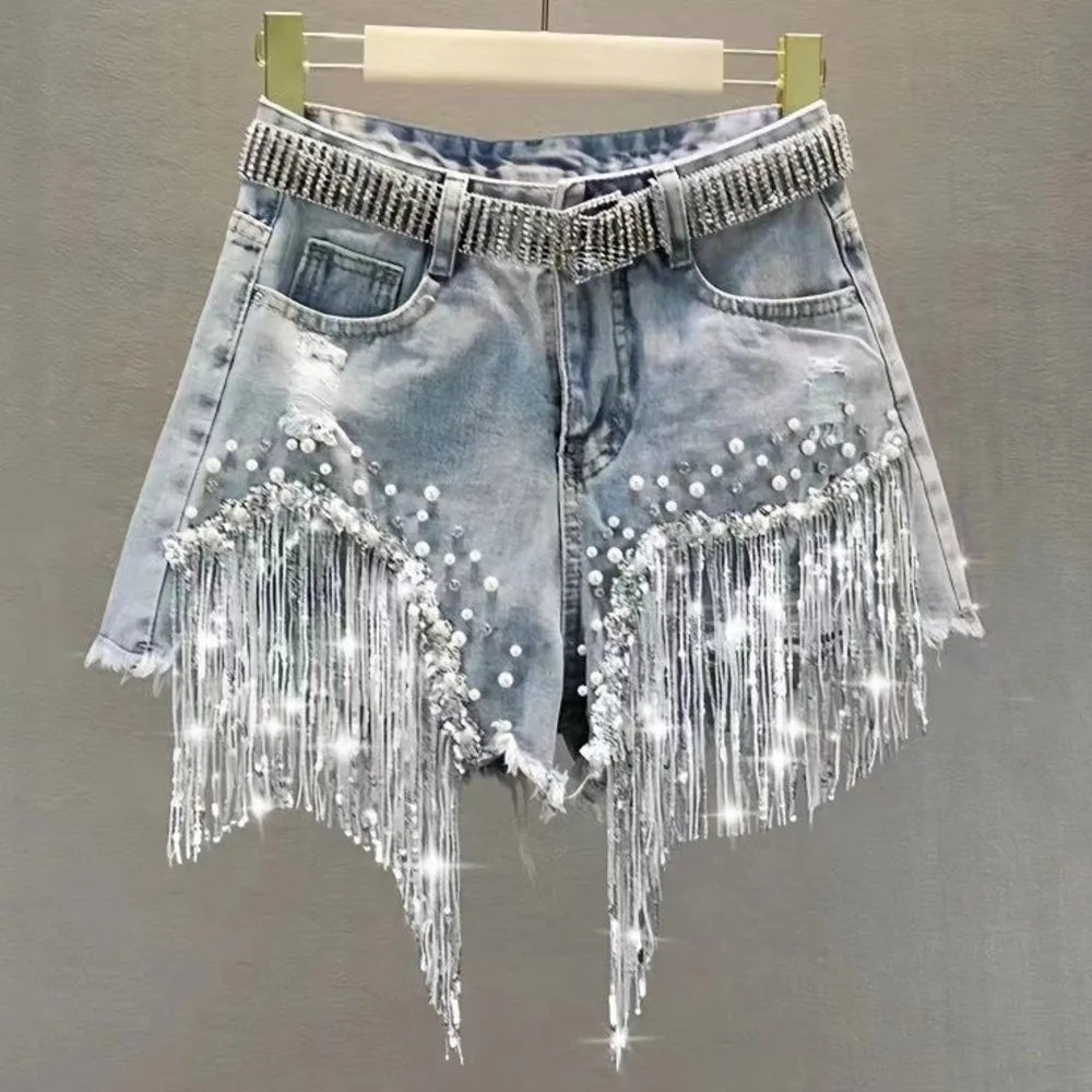 New 2026 Summer Women Heavy Beaded Rhinestone Shorts High Waist Sequin Tassel Ripped Wide Leg Hot Pants