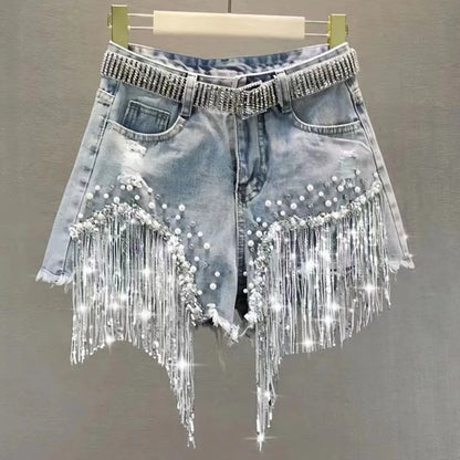 New 2026 Summer Women Heavy Beaded Rhinestone Shorts High Waist Sequin Tassel Ripped Wide Leg Hot Pants