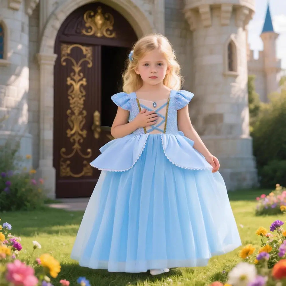 2026 Girl's Princess Cinderella Costume Classic Style Blue Ball Gown Dress Up with White Led Lights Outfit Dresses for Girls