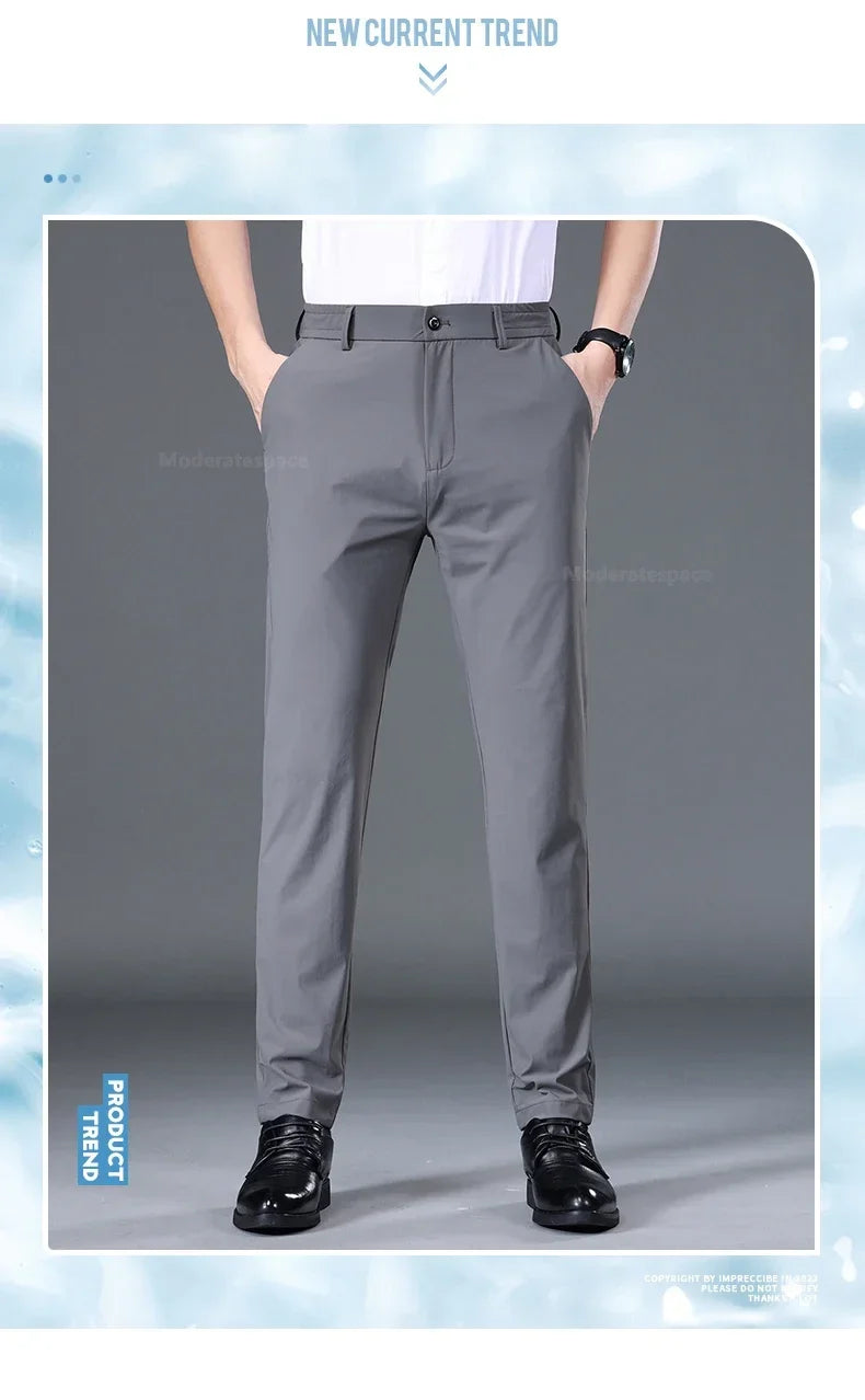 Summer Ultra-thin Casual Pants Men's High Elastic Quick-drying Ice Silk Straight Business Formal Casual Trousers Black Gray