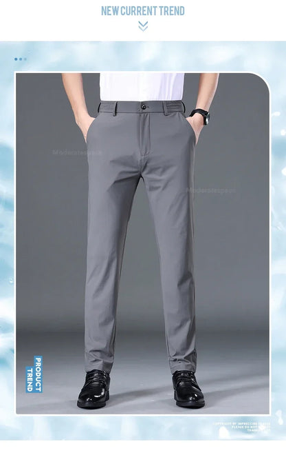 Summer Ultra-thin Casual Pants Men's High Elastic Quick-drying Ice Silk Straight Business Formal Casual Trousers Black Gray