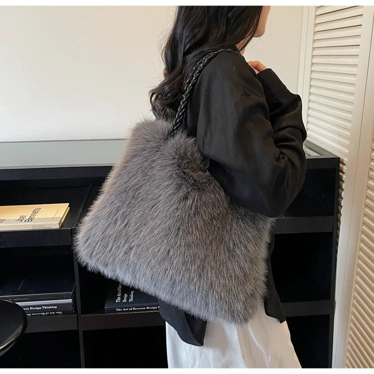 Fashion Women Furry Shoulder Bag Large Capacity Tote Handle Bag for Autumn Winter Outing Commuter Texture Versatile Storage Bags
