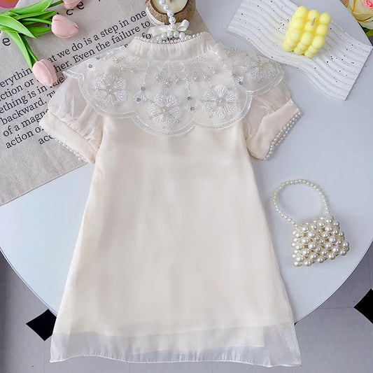 Summer Dress New Girls' Chinese Qipao Mesh Pearl Applique Dress Children's Kids Sweet Fashion Short Sleeve Dress