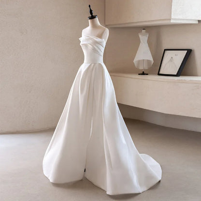French Luxury White Satin Trailing Wedding Dresses for Bride 2026 Women Elegant Sexy Strapless Long Prom Party Dress Vestidos