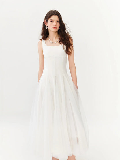 2026 Summer Women‘s Square Neck Tulle A-Line Maxi Dress Vest Collar Flowy Long Dress for Romantic Coquette Summer Style