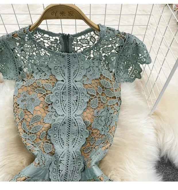 Retro Court Sle round Ne Fly Sve Slimming Soluble Hook Flower Hollow A-Line Dr Summer New Arrival Women's Faion