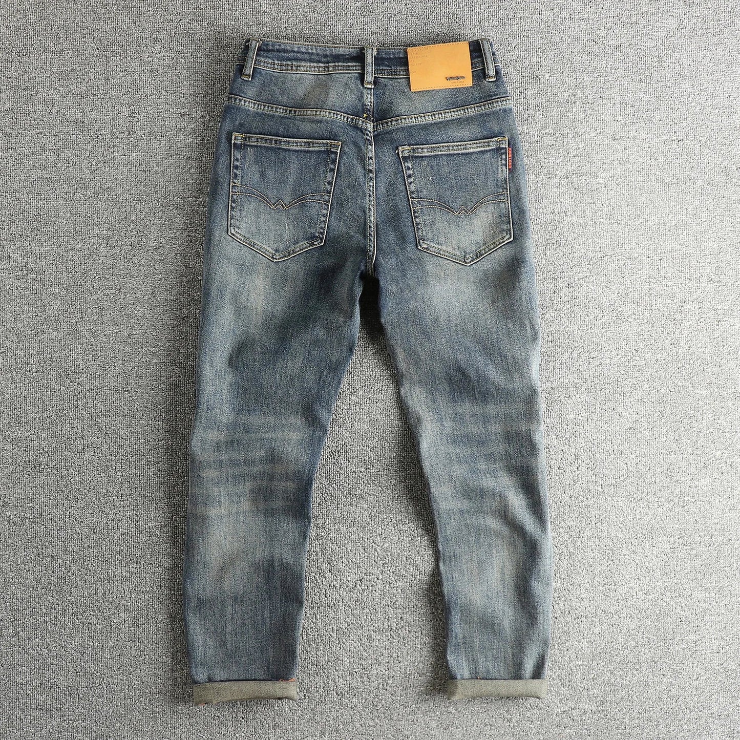 Retro blue wash-fried cat whisker jeans men's high-end custom fabric American fashion brand youth nine-point pants