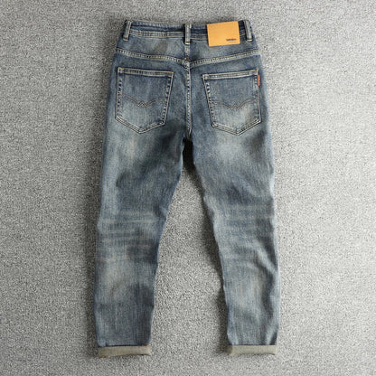 Retro blue wash-fried cat whisker jeans men's high-end custom fabric American fashion brand youth nine-point pants